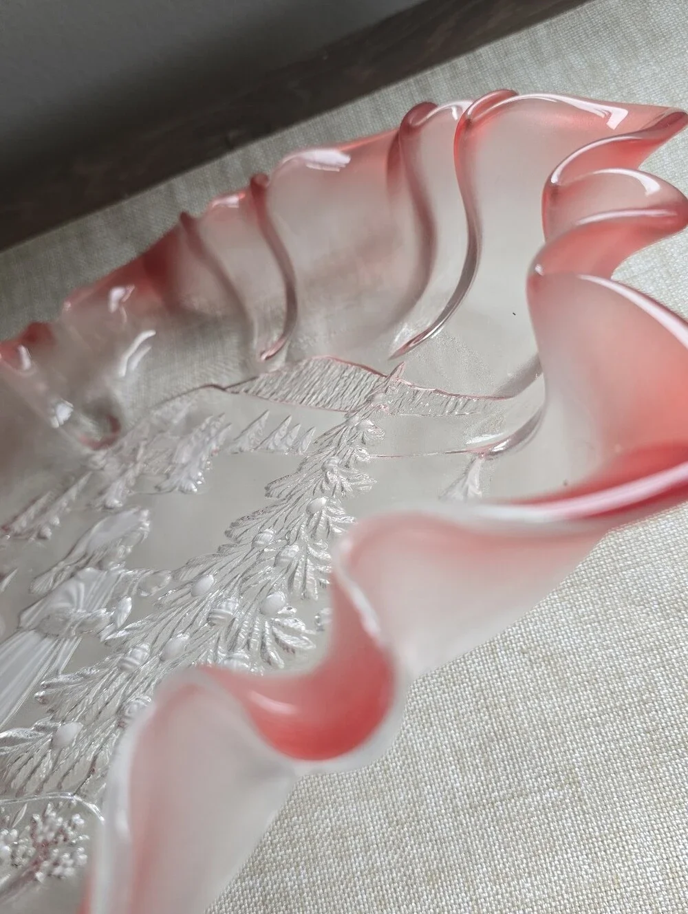 Vintage Frosted Pink Glass Christmas Bowl Girl Decorating Tree 12